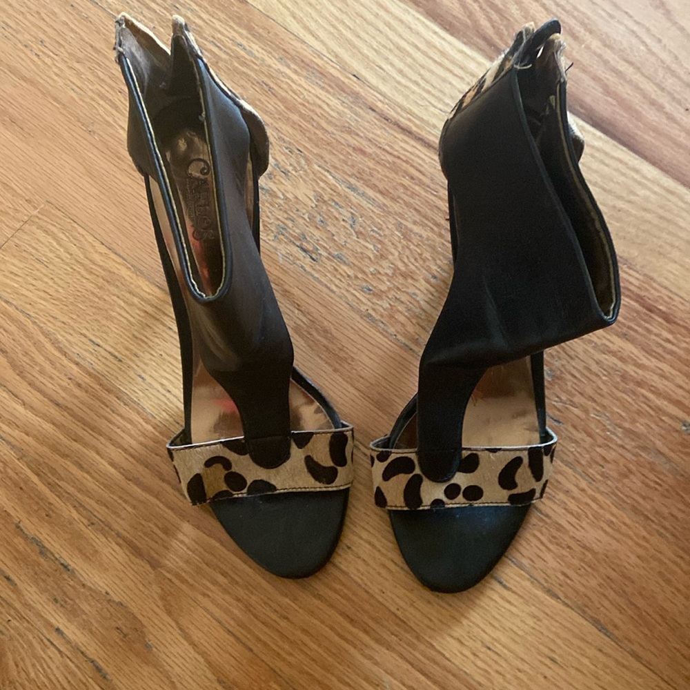 Heel sandal with zip up back leopard print with leather around top